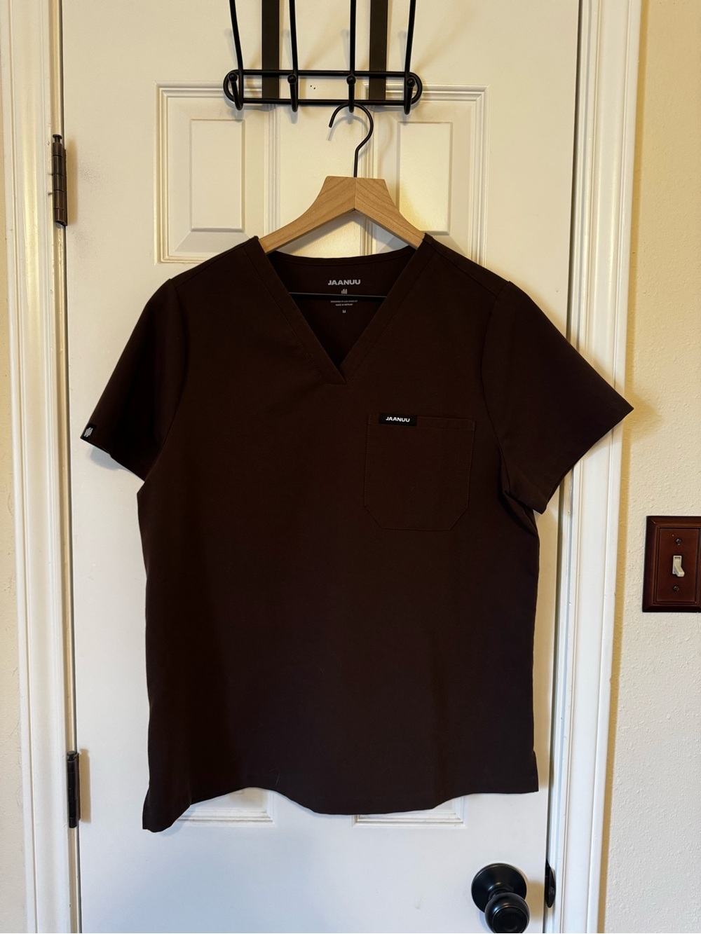Jaanuu Women's V-Neck Scrub Top in Dark Brown